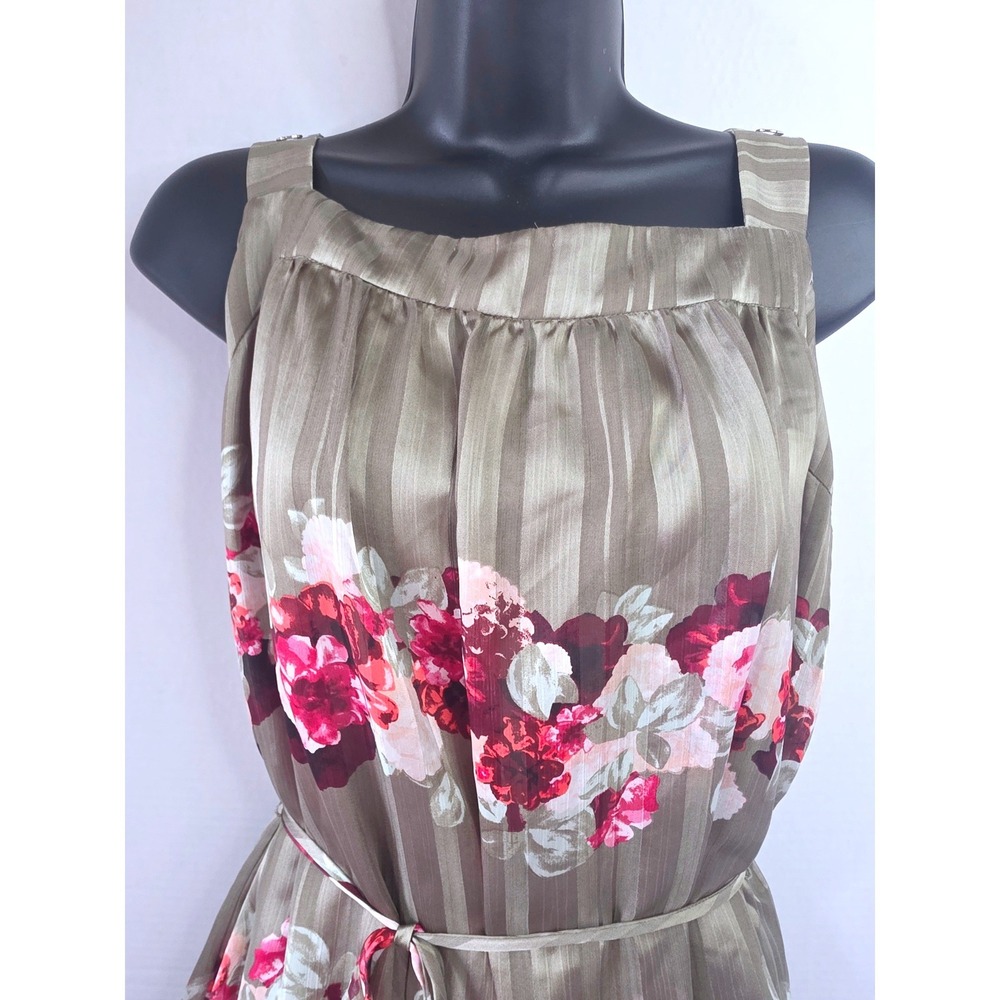 Banana Republic Lucia Silky Olive Green Floral Stripe Maxi Dress 14 Square Neck